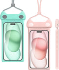 wellhouse Waterproof Phone Pouch, Waterproof Phone Case for iPhone17 16 15 14 Pro Max XS Samsung, IPX8 3D Cellphone Dry Bag Beach Essentials -2 Pack Meow Green & Pink 7.0