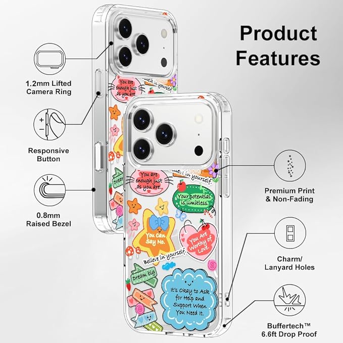 MOSNOVO for iPhone 17 Pro Case, Shockproof Military-Grade Protection 6.6ft Drop Tested, Camera Control, Clear Phone Case for iPhone 17 Pro, Self Love Club Design
