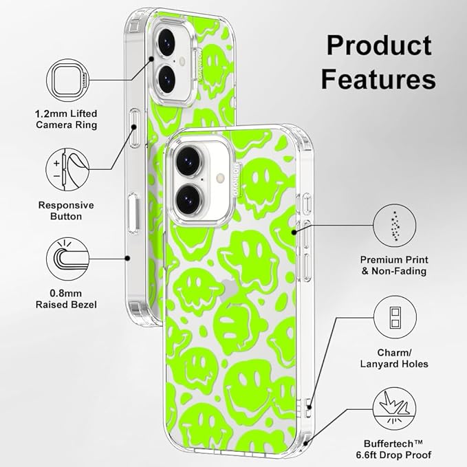 MOSNOVO for iPhone 17 Case | Military Grade 6.6ft Drop Tested | Camera Control | Clear with Distorted Green Smiles Face Design