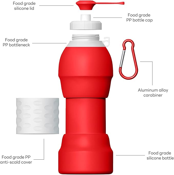 Collapsible Lightweight 20oz Water Bottle, Food-Grade Silicone BPA Free, Foldable Portable Leak Proof Office Travel Cycling Sports Outdoor Water Bottle with Vertical Hook (red, Short nozzle)