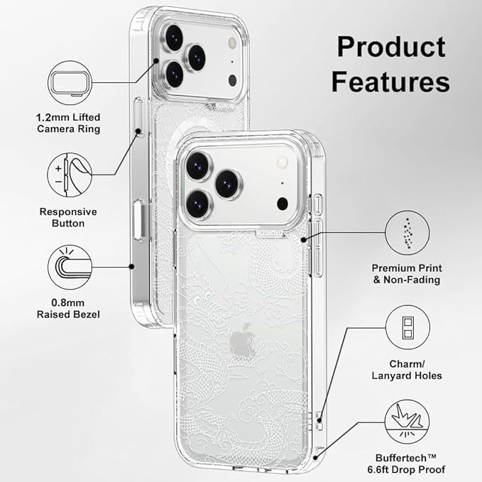 MOSNOVO for iPhone 17 Pro Max Case | Military Grade 6.6ft Drop Tested | Camera Control | Clear with White Dragon Design