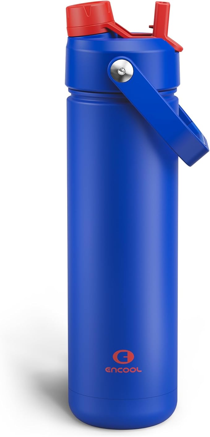 ENCOOL Insulated Water Bottle with Straw Stainless Steel Water Bottle, Leak-Proof, BPA-Free, Double Wall Vacuum Keeps Cold for 24 Hours for Sports, Travel, School (26 oz, Beaucoup Blue)
