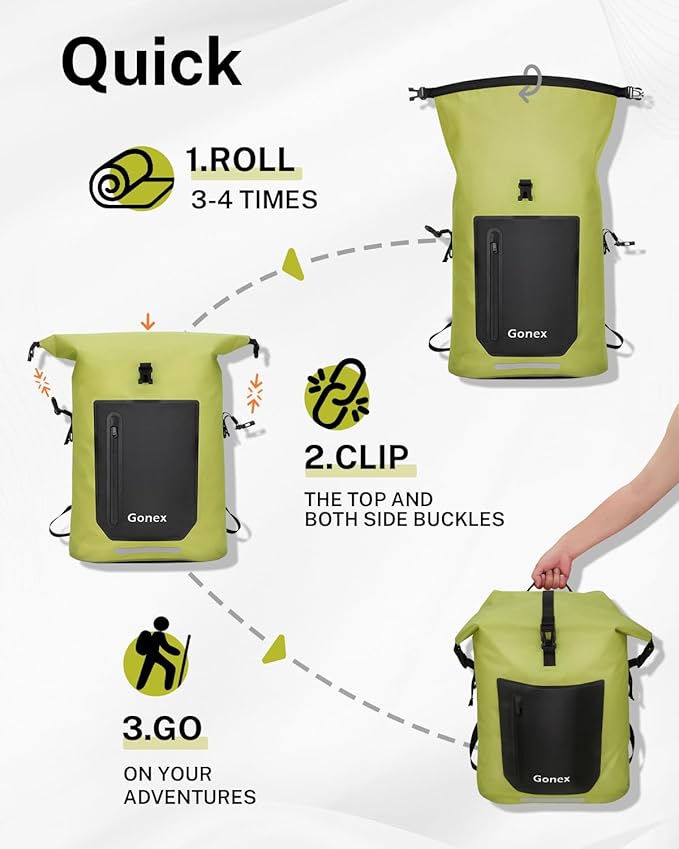 Gonex Ultralight Waterproof TPU Backpack, 55L Roll Top Dry Bag with Comfortable Padded Back Panel for Kayaking Boating Camping Fishing Travel,Green
