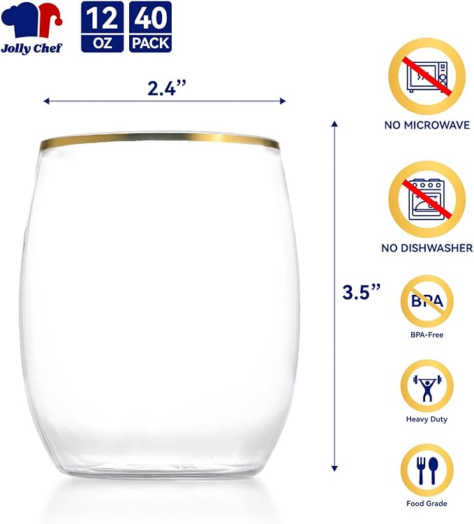 JOLLY CHEF 12 oz 40 Pack Gold Plastic Wine Glasses Stemless, Shatterproof, Unbreakable, Crystal, Disposable Plastic Wine Cups for Party, Halloween, Christmas, Thanksgiving