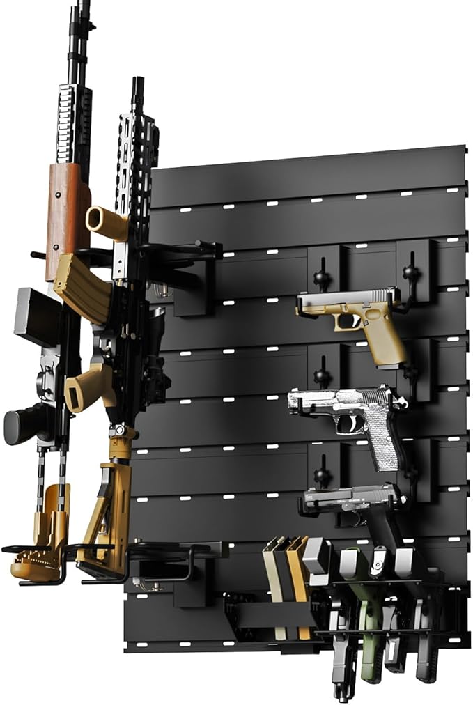 Wall Rack System - Heavy-Duty Aluminium Tactical Storage for Rifles, Carbines, Shotguns & Handguns, Modular Slatwall Organizer Holds up to 3 Rifles, 7 Pistols & 4 Mags
