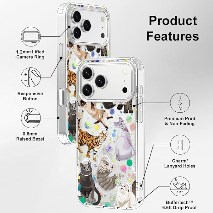 MOSNOVO for iPhone 17 Pro Max Case | Military Grade 6.6ft Drop Tested | Camera Control | Clear with Space Cat Design