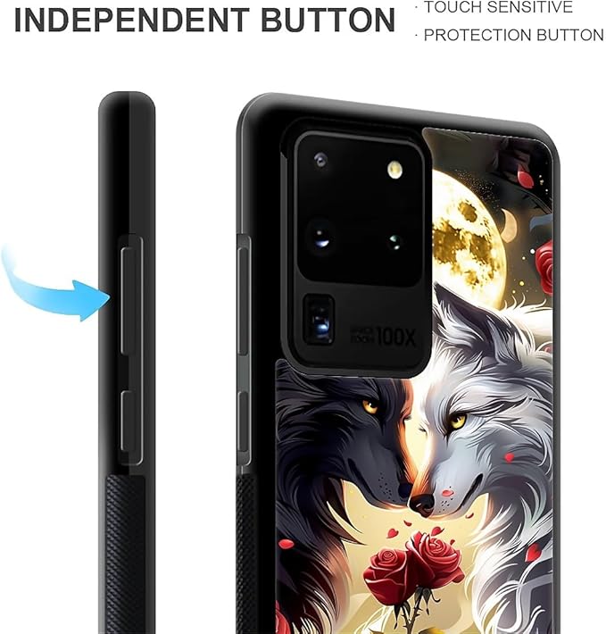 for Samsung Galaxy S20 Ultra Case, Black White Wolf Moon Flower Rose Pattern Graphic Design Girl Boy Soft Silicone Hard Acrylic Shock Protection for Samsung Galaxy S20 Ultra