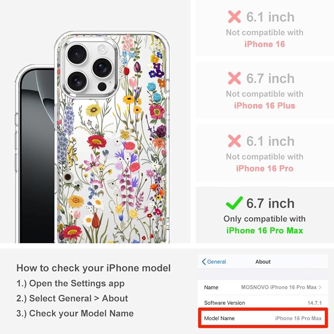 MOSNOVO Case for iPhone 16 Pro Max, [Buffertech 6.6ft Military-Grade Drop Protection] [Anti Peel Off Tech] Clear TPU Bumper Phone Case Cover Design - Wildflower Meadow