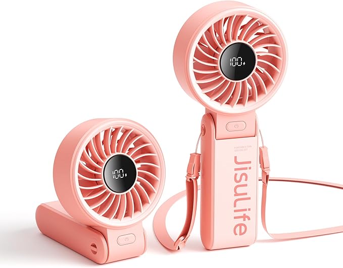 JISULIFE Handheld Fan Life7 – Ultimate Flexibility: Wide & Strong Airflow, 19.5H Max Cooling, 5000mAh Rechargeable, 5-Speed, LED Display, 3 IN 1 Portable Fan for Travel, Concerts, Sports Events(Pink)