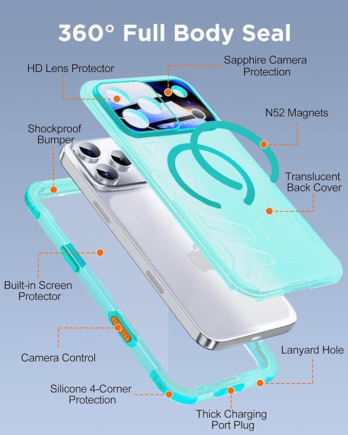 for iPhone 17 Pro Max Waterproof Case with Magsafe, Built-in [Camera & Screen Protector] [Lanyard], IP68 Water Proof Full Body Dustproof Heavy Duty Frosted Protective Phone Cover, 6.9" Teal