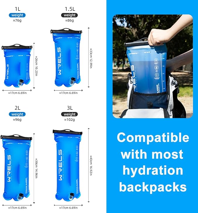 WRELS 1L/1.5L/2L/3L BPA Free Hydration Bladder,Leakproof TPU Water Bladder for Hiking Backpack,Large Opening Water Reservoir Hydration Pack for Running Cycling Camping