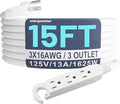 16/3 15 Ft 3 Outlet Extension Cord Outdoor Waterproof, White Extension Cords with Multiple Outlets, 3 Prong with Multi Outlet Outside 13A 1625W 16AWG, ETL Listed