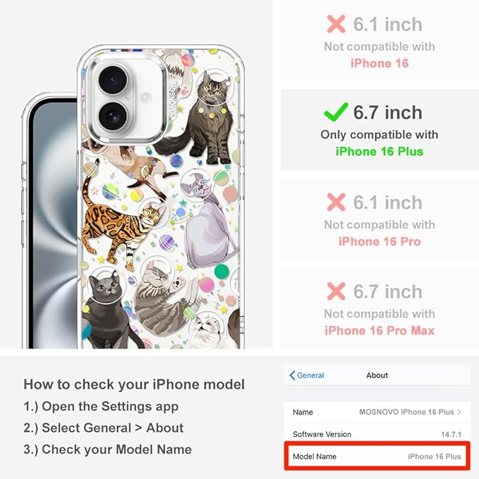 MOSNOVO Case for iPhone 16 Plus, [Buffertech 6.6ft Military-Grade Drop Protection] [Anti Peel Off Tech] Clear TPU Bumper Phone Case Cover Design - Space Cat