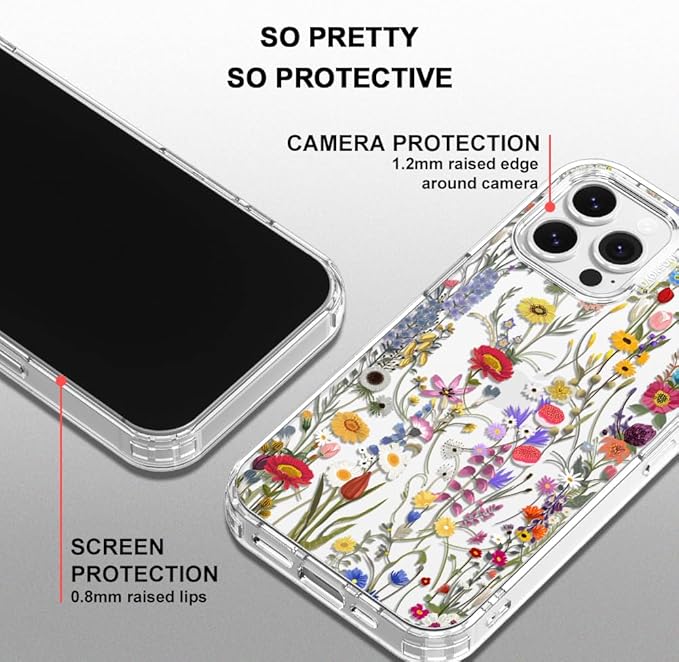 MOSNOVO Case for iPhone 13 Pro Max, [Buffertech 6.6ft Military-Grade Drop Protection] [Anti Peel Off Tech] Clear TPU Bumper Phone Case Cover Design - Wildflower Meadow