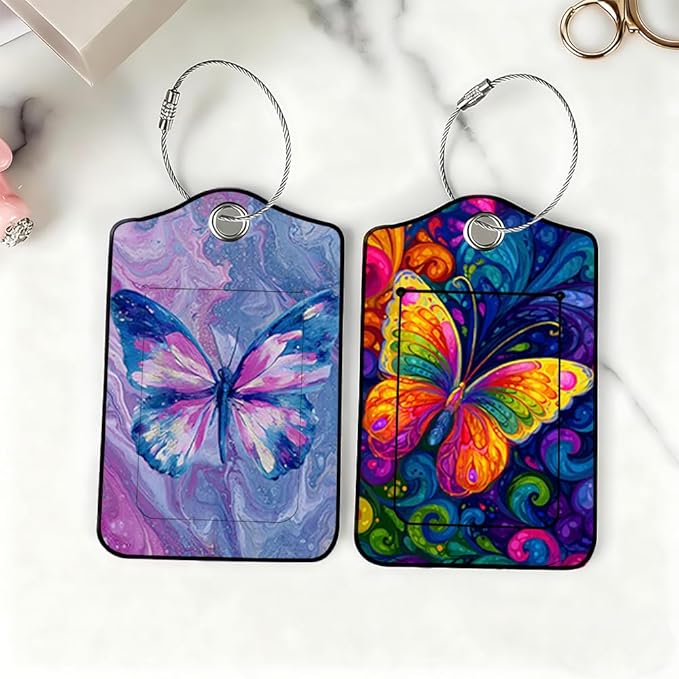 2 Pack Butterfly Luggage Tags for Suitcases, Colorful Artistic Travel ID Tags with Privacy Cover, PU Leather Bag Identifiers, Spring & Summer Vacation Essentials, Mother's Day, 2 Styles