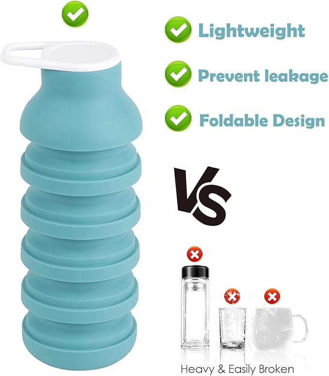 Collapsible Silicone Water Bottle – Foldable Travel Water Bottle Leakproof, BPA Free, Portable & Space-Saving – Perfect for Gym, Hiking,Travel(carabiner and cleaning brush),Light green