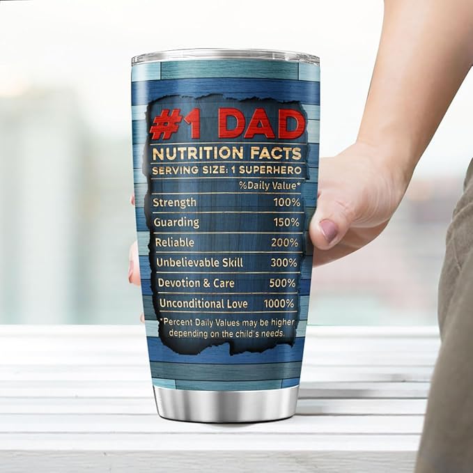 Funny Nutrition Facts Mug for Dad with Rustic USA Design, 20oz Stainless Steel Insulated Tumbler, Patriotic Gift for Father's Day, Birthday, Husband, Grandpa, Travel Use