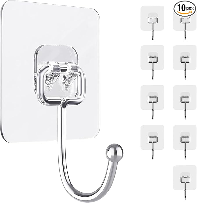10 PCS Adhesive Wall Hooks 33lb(Max) Reusable Anti-Skid Traceless Hooks Heavy Duty 180 Degree Rotating,Waterproof and Oilproof, Bathroom Kitchen Heavy Duty Self Adhesive
