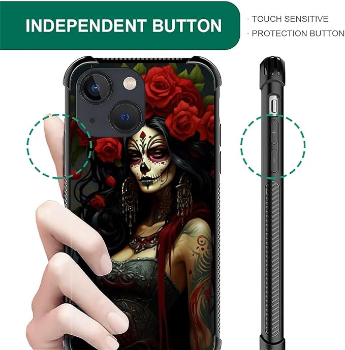 for iPhone 13 Case, Day of The Dead Halloween Woman Pattern Graphic Design Girl Boy Soft Silicone Hard Acrylic Shock Protection for iPhone 13