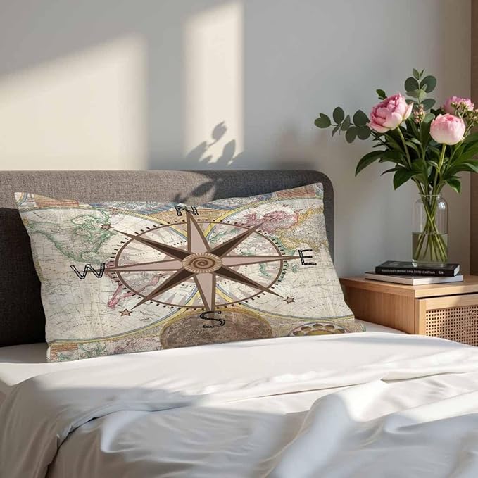 Nautical Compass Throw Pillow Covers 12 X 20 Historical World Map Earth Exploration Vintage Set of 2 Pillow Cases Velvet Outdoor Pillowcases Decorative for Home Bed Sofa Couch Hotel