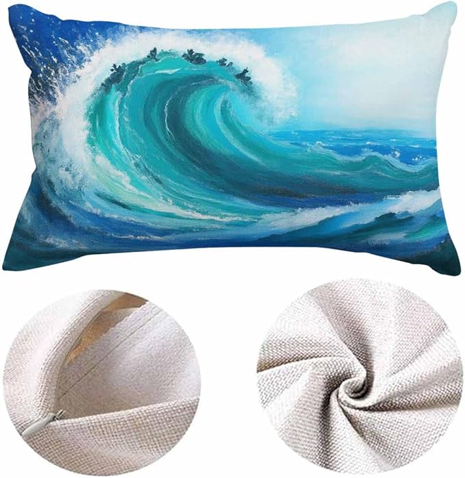 EKOBLA Sea Wave Lumber Pillow Cases Watercolor Painting Ocean Storm Landscape Linen Lumber Decorative Throw Cushion Cover Pillowcases for Bed Sofa Oblong Rectangle 12x20 Inches