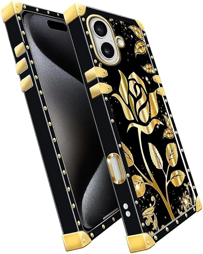 for iPhone 17 Case Luxury Golden Decoration for Girl Women Soft TPU Shockproof Protective Hard PC Back for iPhone 17 Crazy Pattern Shine Gold Rose