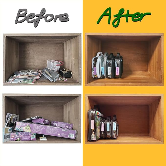 holay 4 Packs PVC Toy Storage Organizer with Zipper, Name Tag & Manual Pocket, Clear Durable Case for Blocks, Clay, Board Games, Travel (Black, Small)