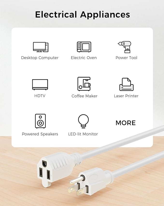 [ETL Listed] Cable Matters 2-Pack 16 AWG Heavy Duty 13A Power Extension Cord - 10ft, 3 Prong Power Cord Extension, NEMA 5-15P to NEMA 5-15R, White