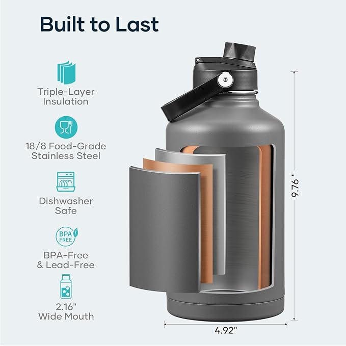 BUZIO 64oz Water Bottle Insulated Stainless Steel (Cold for 48 Hrs/Hot for 24 Hrs) BPA Free Double Wall Travel Mug/Flask for Outdoor Sports Hiking, Cycling, Cam,Camping, Running- Graphite