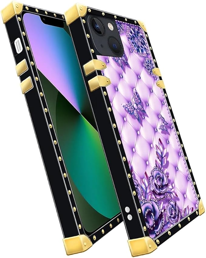 Compatible with iPhone 13 Case, Purple Butterfly Flowers Leaf Luxury Golden Decoration for Girl Women Soft TPU Shockproof Protective Hard PC Back for iPhone 13