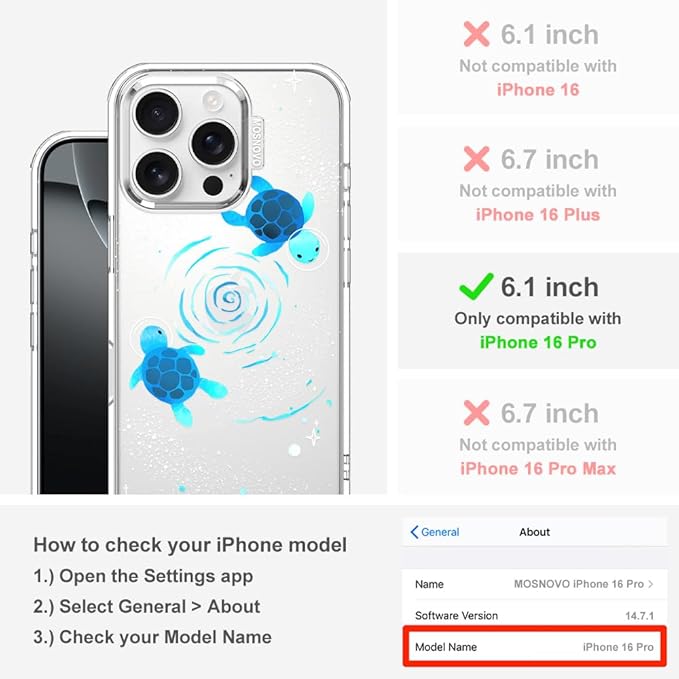 MOSNOVO Case for iPhone 16 Pro, [Buffertech 6.6ft Military-Grade Drop Protection] [Anti Peel Off Tech] Clear TPU Bumper Phone Case Cover Design - Space Turtle