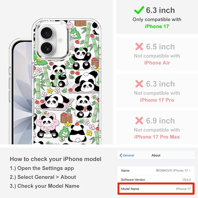 MOSNOVO for iPhone 17 Case, Shockproof Military-Grade Protection 6.6ft Drop Tested, Camera Control, Clear Phone Case for iPhone 17, Kawaii Panda Garden Design