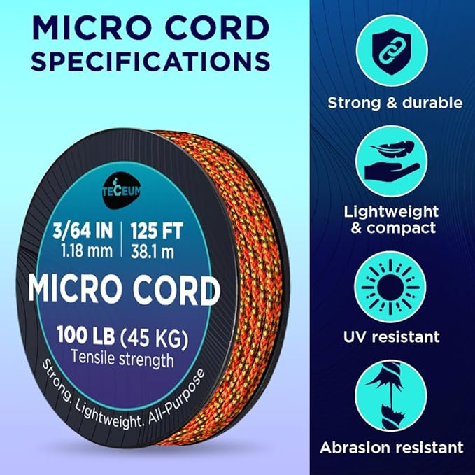 TECEUM Micro Paracord – 1.18 mm X 125 ft – Micro Utility Cord – Thin Braided Paracord Rope – Best for Crafting, DIY Projects, Fishing, Camping – Wind Chime Replacement – Survival Strong String