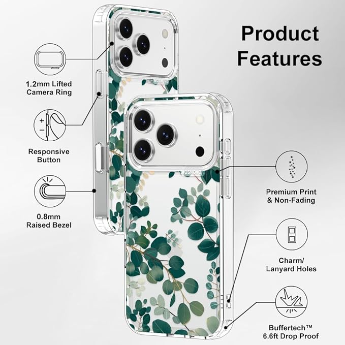 MOSNOVO for iPhone 17 Pro Case | Military Grade 6.6ft Drop Tested | Camera Control | Clear with Eucalyptus Design