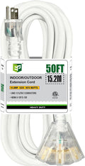 EP 50FT 12 Gauge Heavy Duty Extension Cord, 15A 125V 1875W, 3 Outlet Indoor/Outdoor Power Cord with Lighted End, 12/3 SJTW Weatherproof White, ETL Listed