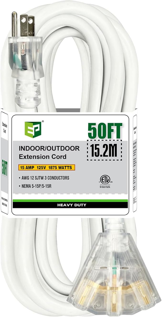 EP 50FT 12 Gauge Heavy Duty Extension Cord, 15A 125V 1875W, 3 Outlet Indoor/Outdoor Power Cord with Lighted End, 12/3 SJTW Weatherproof White, ETL Listed