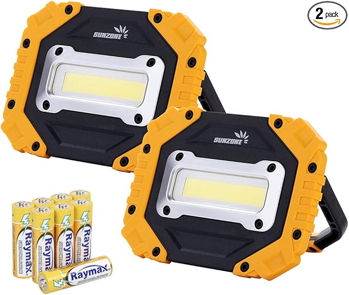 Sunzone Portable LED Work Light,AA Battery Powered Flood Lights,Super Bright Workshop Job Site Lighting for Camping, Hiking, Fishing, Car Repair with Emergency SOS Mode (2 Pack)