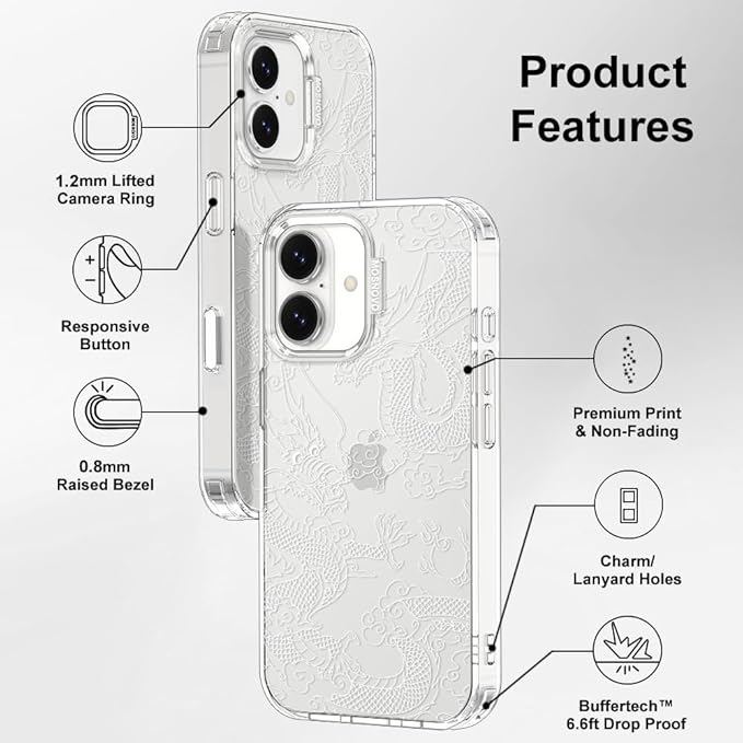 MOSNOVO for iPhone 17 Case | Military Grade 6.6ft Drop Tested | Camera Control | Clear with White Dragon Design