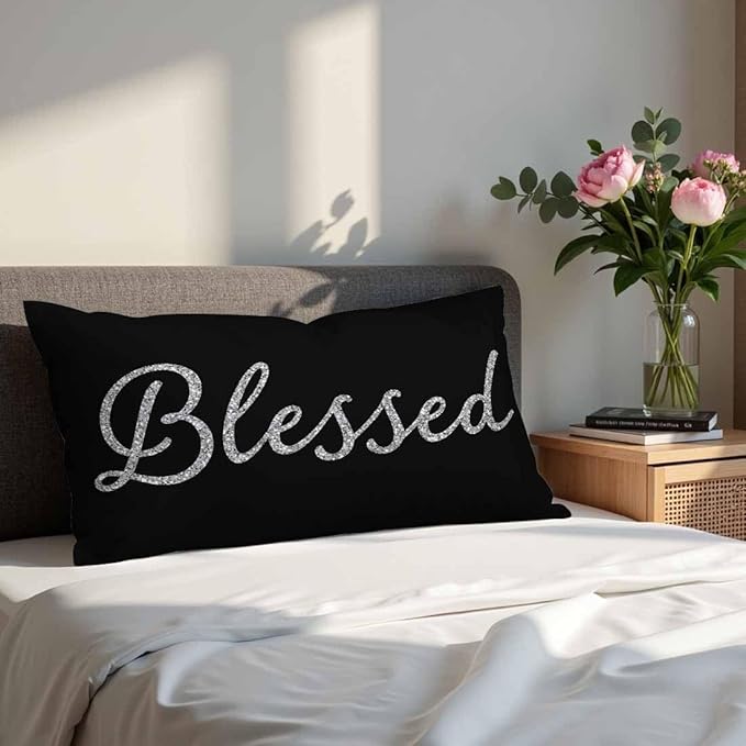 Bling Blessed White Throw Pillow Covers 12 X 20 Highlights Blessed Black Set of 2 Pillow Cases Velvet Outdoor Pillowcases Decorative for Home Bed Sofa Couch Hotel