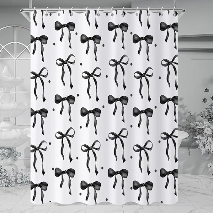 Black Bow Shower Curtain, Black and White Modern Aesthetic Bowknot with Polka Dot Cute Girly Bathroom Curtain Waterproof Fabric Machine Washable with Hooks, 65" Wx72 L