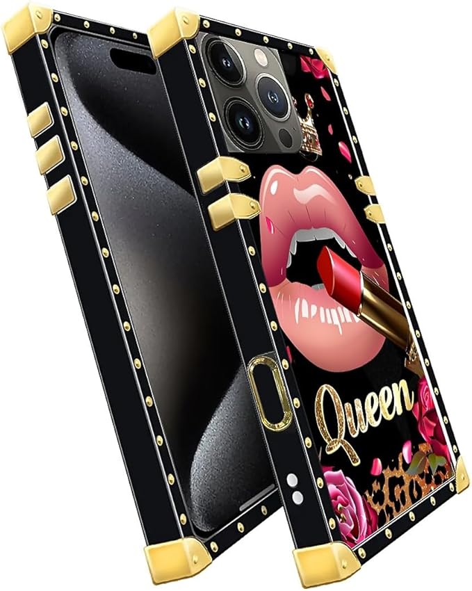 Compatible with iPhone 16 Pro Case, Glitter Red Rose Queen Leopard Lipstick Luxury Golden Decoration for Girl Women Soft TPU Shockproof Protective Hard PC Back