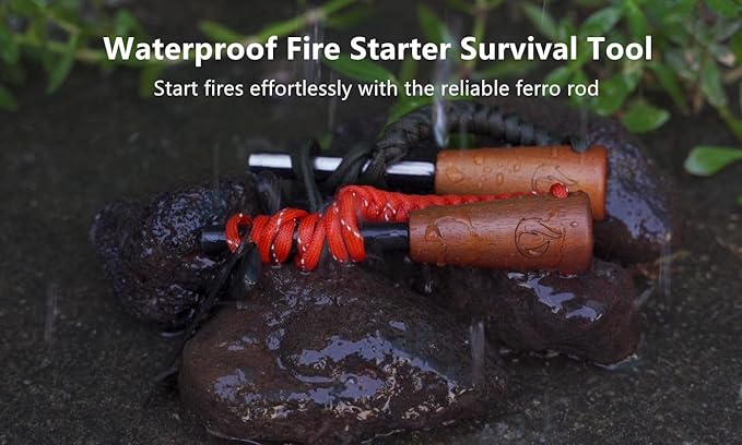onlyfire Fire Starter Survival Tool, Ferro Rod Kit with Tinder Wick, Pouch, Waterproof Flint and Steel Fire Starter for Camping, Hiking and Backpacking Gear