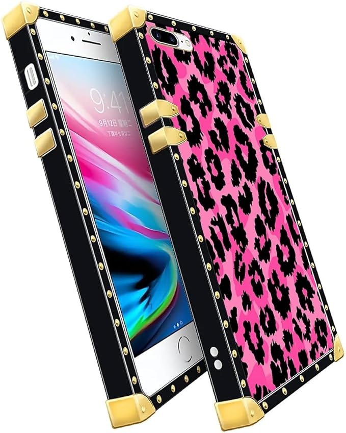Compatible with iPhone 8 Plus 7 Plus Case, Pink Black Leopard Luxury Golden Decoration for Girl Women Soft TPU Shockproof Protective Hard PC Back for iPhone 8 Plus 7 Plus