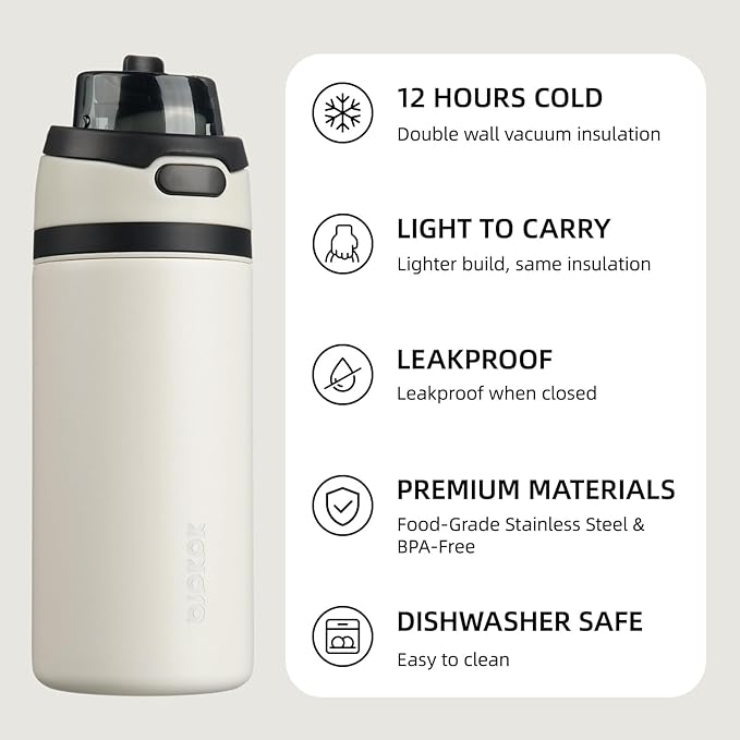BJPKPK 17oz Insulated Water Bottle with 2-1 Straw Spout Lid, Stainless Steel Metal Water Bottles with Carry Handle, BPA Free, Leak-Proof, Fits in Car Cup Holder, Thermo for Sports,Beige