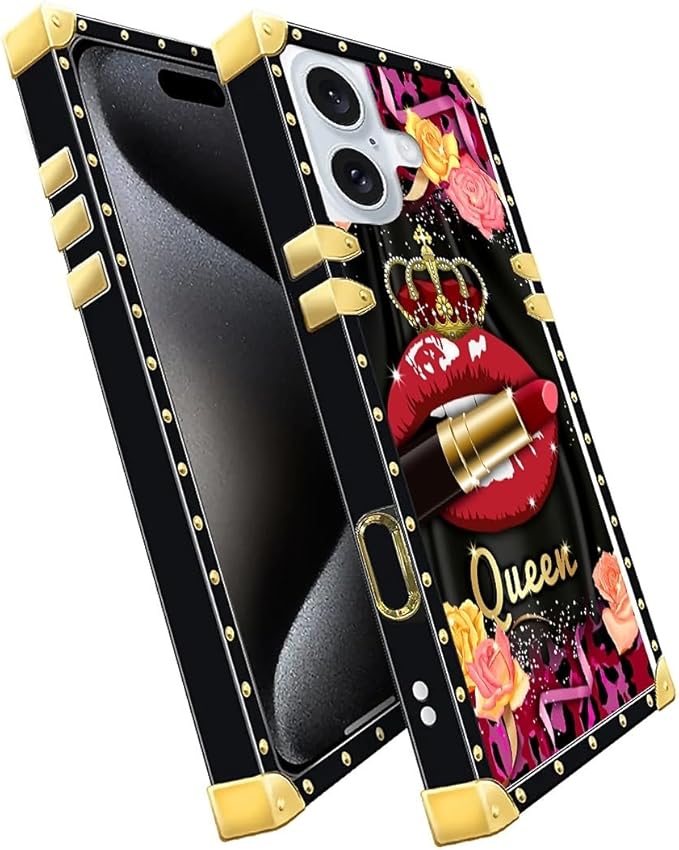 Compatible with iPhone 16 Case, Queen Lip Crown Leopard Print Luxury Golden Decoration for Girl Women Soft TPU Shockproof Protective Hard PC Back for iPhone 16