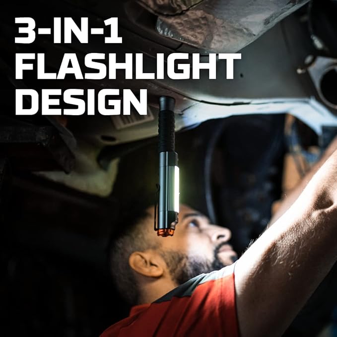 NEBO Big Larry 3 Work Light | Alkaline Batteries Included, 600 Lumens, 7 Light Modes, Magnetic COB Task Lamp & LED Flashlight, Steel Pocket Clip, Hands-Free Use, Water Resistant