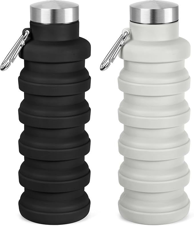 Collapsible Water Bottle, 16oz Portable Reusable Silicone Water Bottle, BPA-Free Leak-Proof Foldable Design with Carabiner, Lightweight Durable for Gym, Travel, Camping, Hiking, Sports(Black+ Gray)