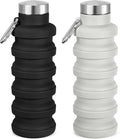 Collapsible Water Bottle, 16oz Portable Reusable Silicone Water Bottle, BPA-Free Leak-Proof Foldable Design with Carabiner, Lightweight Durable for Gym, Travel, Camping, Hiking, Sports(Black+ Gray)