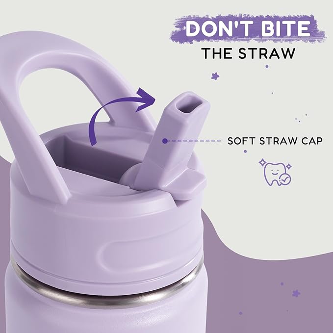 Fijinhom 12oz Kids Water Bottle for School, Toddler Bottles with Straws, Stainless Steel Vacuum Insulated Water Bottle for Boys&Girls, Leak-Proof, BPA-Free, Purple