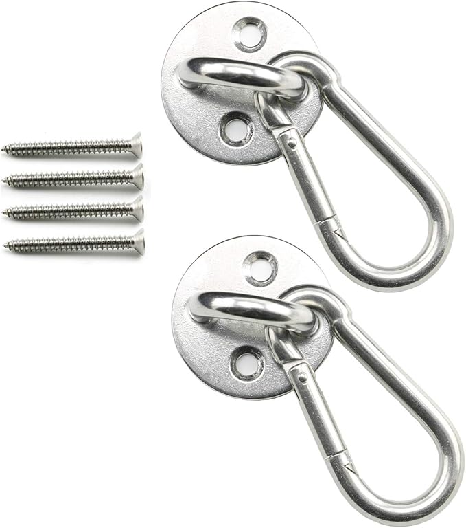 heyous 2 Set M8 Suspension Ceiling Wall Mount U Hook Anchor Hanger Stainless Steel Heavy Duty Multi Purpose Hammock Swing Ceiling Hook Round Base Plate with Snap Hook